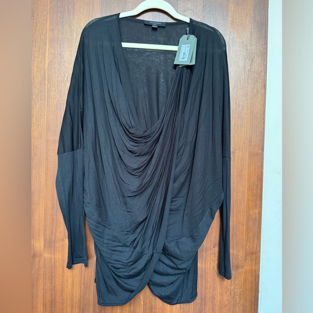 All Saints Black Cross Draped Long Sleeve Top/Tunic
